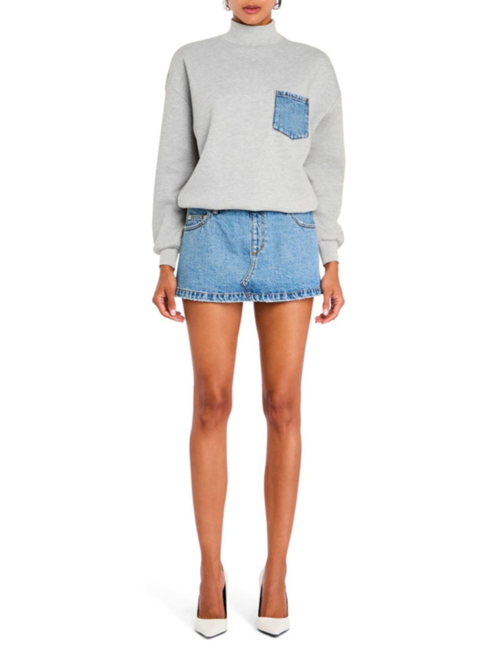 SER.O.YA Marley Terry Denim Grey & Blue Sweaterdress with Denim Pocket, Size S
